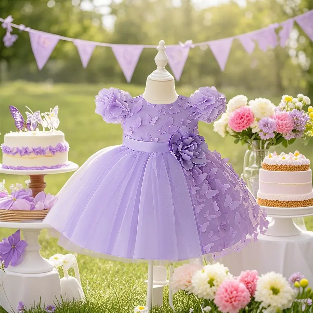 Girls' Purple Butterfly Print Midi Dress - Child-Sized Formal Dress with Cute Floral Details, Sweet Holiday & Summer Outing Wear, Charming Design for Parties, Butterfly Print Dress, Midi Length
