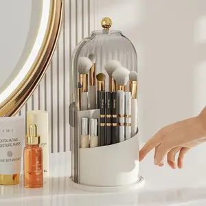 Luxury Birdcage-Style Cosmetic Storage Box with Rotating Compartments, Makeup Brush Holder, Transparent Dustproof Makeup Box with Lid