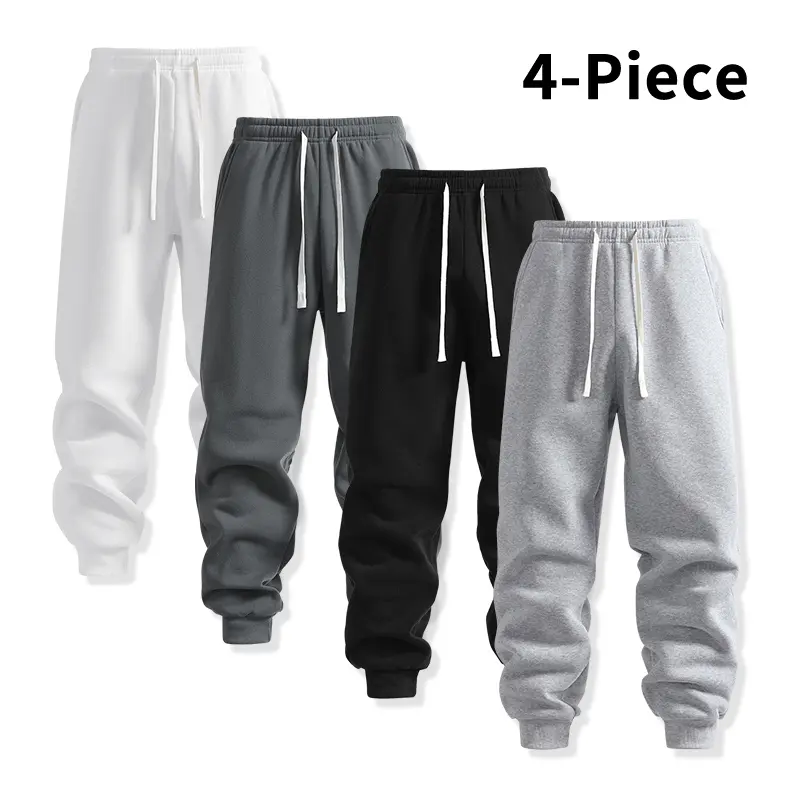 Men’s 4-Pack Basic Jogger Sweatpants, Multi-Pack in White, Dark Gray, Black, and Light Gray, Drawstring Waist, Tapered Fit, Comfortable Casual Pants for Running and Everyday Wear