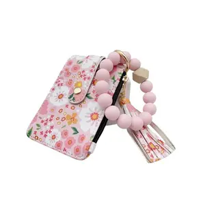 Women's Boho Style Beaded & Tassel Charms Keychain with Flower Pattern Wallet, Floral Pattern Keychain Pendant, Bag Essentials, Gifts for Girlfriend, Cute Fall Trendy Keychain, Chic Gorgeous Keychain Wristlet for Key & Bag DecorGi