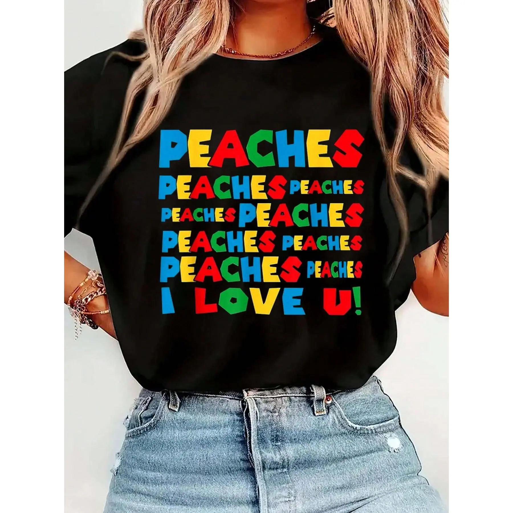 100% Cotton Peaches Peaches Peaches I Love You T-Shirt Women's Men's Streetwear Graphic Tee Black Crew Neck Vacation Tops