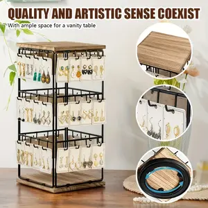 360-Degree Rotating Wooden Jewelry Display Rack, Earring Holder, Ring Organizer, Pendant Storage Shelf, Decorative Wall Mount