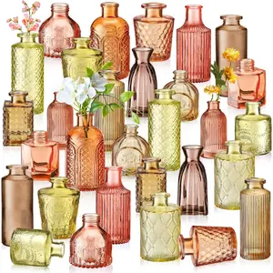 Yaomiao 30 Pcs Vases Bulk Colored Flower Glass Christmas Vases Bud Vintage Colored Glass Bottles Colorful Rustic Embossed for Home Wedding Table Decorations Gifts(Orange Yellow Series)