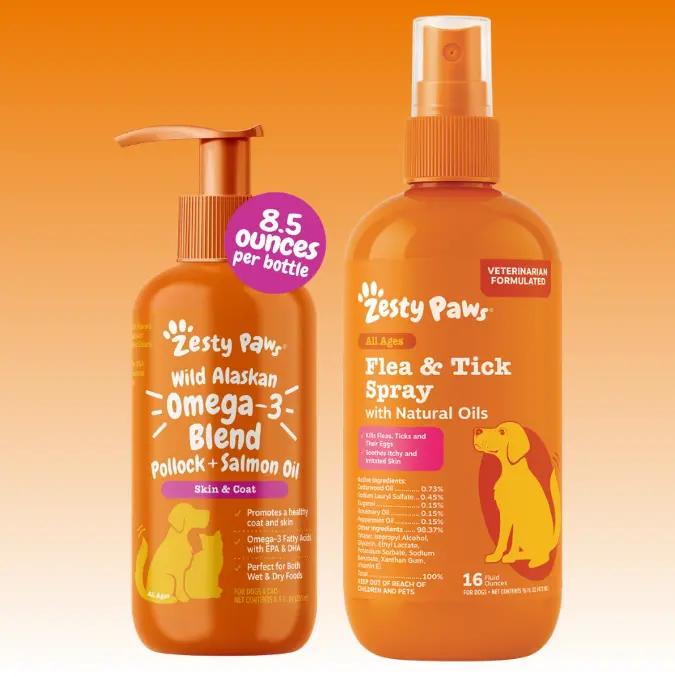 Zesty Paws Fresh Paws Shiny Coat & Bug-Free Bundle (8.5 oz Salmon Oil + 16 oz Flea & Tick Spray)