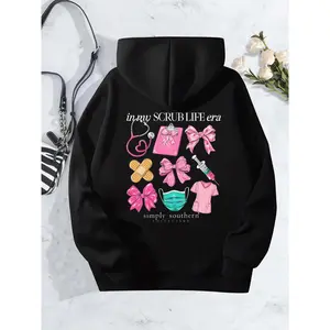 Women's Fitted Pullover Hoodie Sweatshirt - Simply Southern, Cute Cozy Polyester Long-Sleeve Top with Nurse Print Scrub Life Graphic, Black Casual Wear for Medical Professionals, Christmas Occasion, Sweatshirts, Cute Cozy Sweatshirt