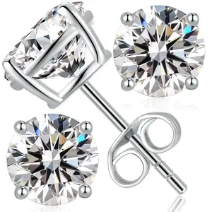 Moissanite Stud Earrings 18K White Gold Plated Sterling Silver Stud Earrings for Women Men Hypoallergenic Round Cut D Color VVS1 Clarity Lab Created Simulated Diamond Earrings 0.3-2ct Screw Back Push Back