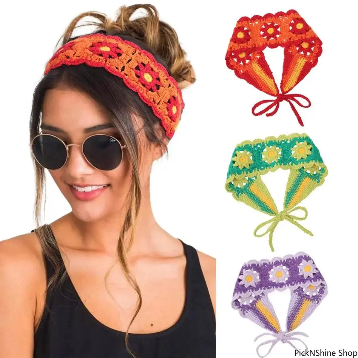 Women's 3-Piece Flower Headband Set, Boho Crochet Hair Bandanas, Hippie Style Elastic Knit Head Wraps, Bandana, Knit Wrap, Fashion Headbands, Unisex Clothes, Synthetic Knit