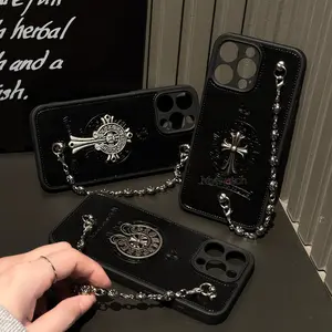 Luxury 3D Metal Studded Leather iPhone Case with Chain Strap, Premium Protective Designer Phone Cover for iPhone 11 12 13 14 15 Pro Max
