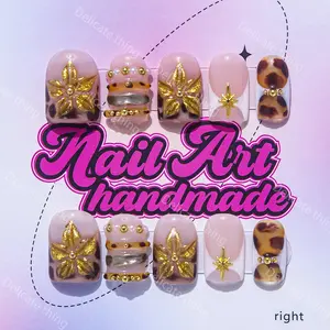 Delicatething Y2K Style Handmade Square Nails with Beads, Nail Art Design, Wedding Nails in 4 Sizes (XS/S/M/L), Perfect Gift for Women