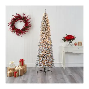 Nearly Natural 7' Flocked Pencil Faux ChristmasTree w/ Lights