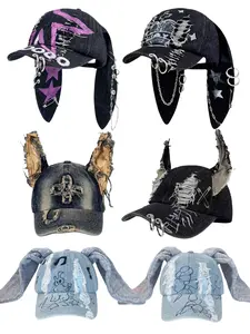 Unisex Wasteland Style Bunny Ear Baseball Cap, Adjustable Snapback Cap, Punk Denim Trucker Hat with Chain, Streetwear Hip Hop Costume for Halloween Party