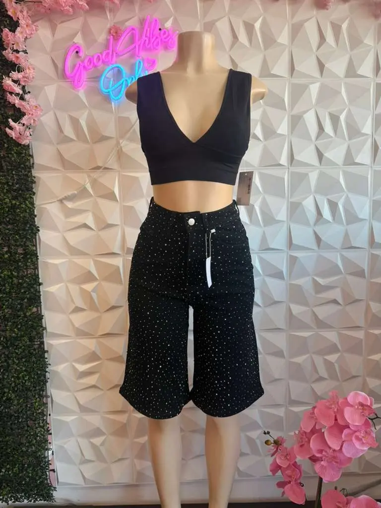 Isabellablush Women's Rhinestone Wide Leg Bermuda Length Denim Shorts - Casual Fashion Denim Style Bottoms with Zipper, Button Closure, Rhinestone Denim Shorts, Wide Leg Shorts