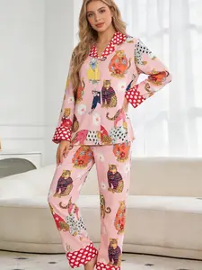 Women's Pink Leopard Print 2-Piece Long Sleeve Loungewear Set Outfit - Heart Pattern Notch Collar Pajamas, Nightwear, Soft Breathable Fabric, Relaxed Fit for At-Home Lounging, Lazy Weekends & Sweet Dreams Homewear