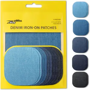 Denim Iron-on Jean Patches Inside & Outside Strongest Glue 100% Cotton Assorted Shades of Blue Black Repair Decorating Kit 10 Pieces Size 4-1/4" by 3-3/4" (9.8 cm x 10.8 cm)