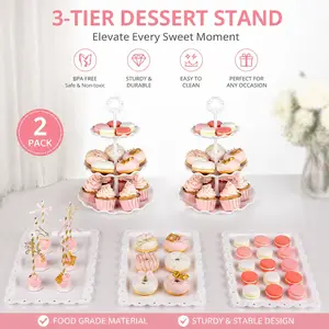5-Pc Plastic Dessert Table Display Pack - 2-Tier Cupcake Stand Holder + 3 Rectangular Wave Serving Trays, Decor-Friendly, Stackable & Reusable for Tea Party, Birthday, Home & Festive Party Supplies