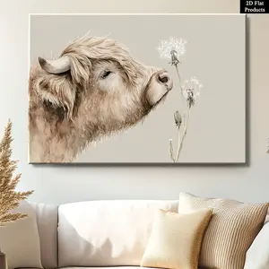 2D Flat, 1pc Wooden Framed Canvas Painting Wall Art Poster, A Close up Shot of a Highland Cow Lowering Its Head to Gently to 1, Classic Modern Style, Elegant Decorative Artwork with Pine Wood Frame, Home Office and Dining Room, Ideal Gift