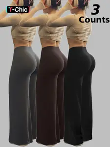 3-Pack Women's Running Yoga Pants, Sporty High-Waist Slim-Fit Stretchy Soft Leggings, Fashionable Plain Design, Versatile Athletic Wear