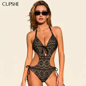 CUPSHE Beach Club Socialite Diamond Neckline Monokini Swimsuit One-piece Swimwear | 2026 Back-Tie Waist-Snatching One Piece for Beach Party Bathing suit Mid Leg Cut #DealsForYouDays