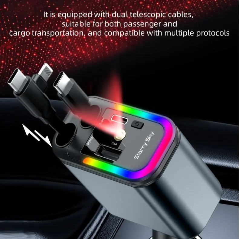 Starlight-retractable car charger, 5 in 1 car accessories,max.180W, with Starlight, Retractable fast charger for car with , 2USB ports for phones/tablets/car recorders, 31.5 inch
