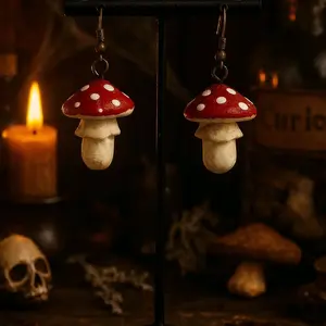 Enchanted Amanita Mushroom Earrings - OOAK Woodland Magick Hand-Sculpted 2-Inch Hypoallergenic Polymer Clay Earrings for Witches & Nature Lovers