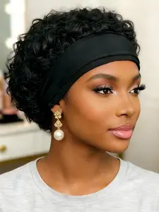 Pixie Headband Curly Wig, Human Hair Wig, Full Machine Made Wig, 6 Inch, Hair Curl Style, No Ca Prop 65 Warning, Human Hair Textured