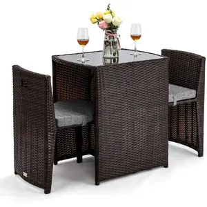 3 PCS Wicker Outdoor Patio Bistro Set, Patio Furniture Set for Small Space with Glass Top Table Dining Chairs, Balcony Furniture Patio Table and Chairs Set of 2 for Garden Yard Porch