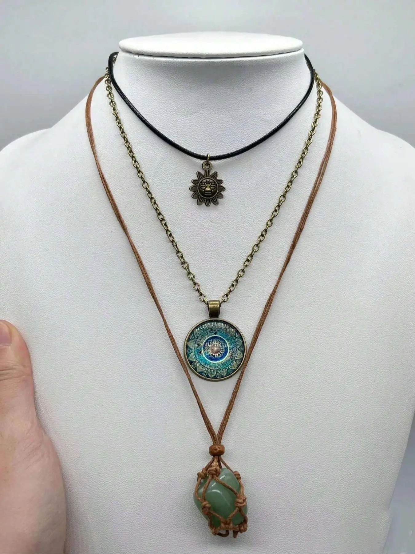 Vintage Stone Charm Necklaces Set, Costume Necklaces, Charms Necklace 3pcs Jewelry Accessories for Halloween Christmas Party Gifts, Design for Women & Girls, Trendy Jewellery Accessories, Fashion Accessory Necklace, Boho Style Jewelry