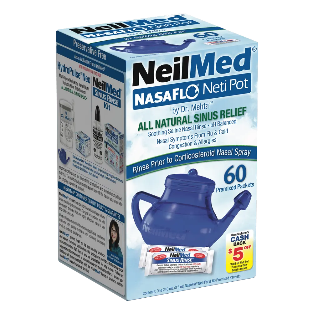NeilMed NasaFlo Neti Pot with 60 Premixed Packets - All Natural Saline Nasal Rinse for Allergy & Sinus Relief, Easy-Flow, No-Spill Design