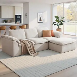 Inovaday 112" Cloud Sectional Boneless Couch with Padded Armrests & Moveable Ottoman Boneless, Plush Modern Modular Sofa with Deep Seat Upholstered Couches for Living Room White Couch No Assembly Required