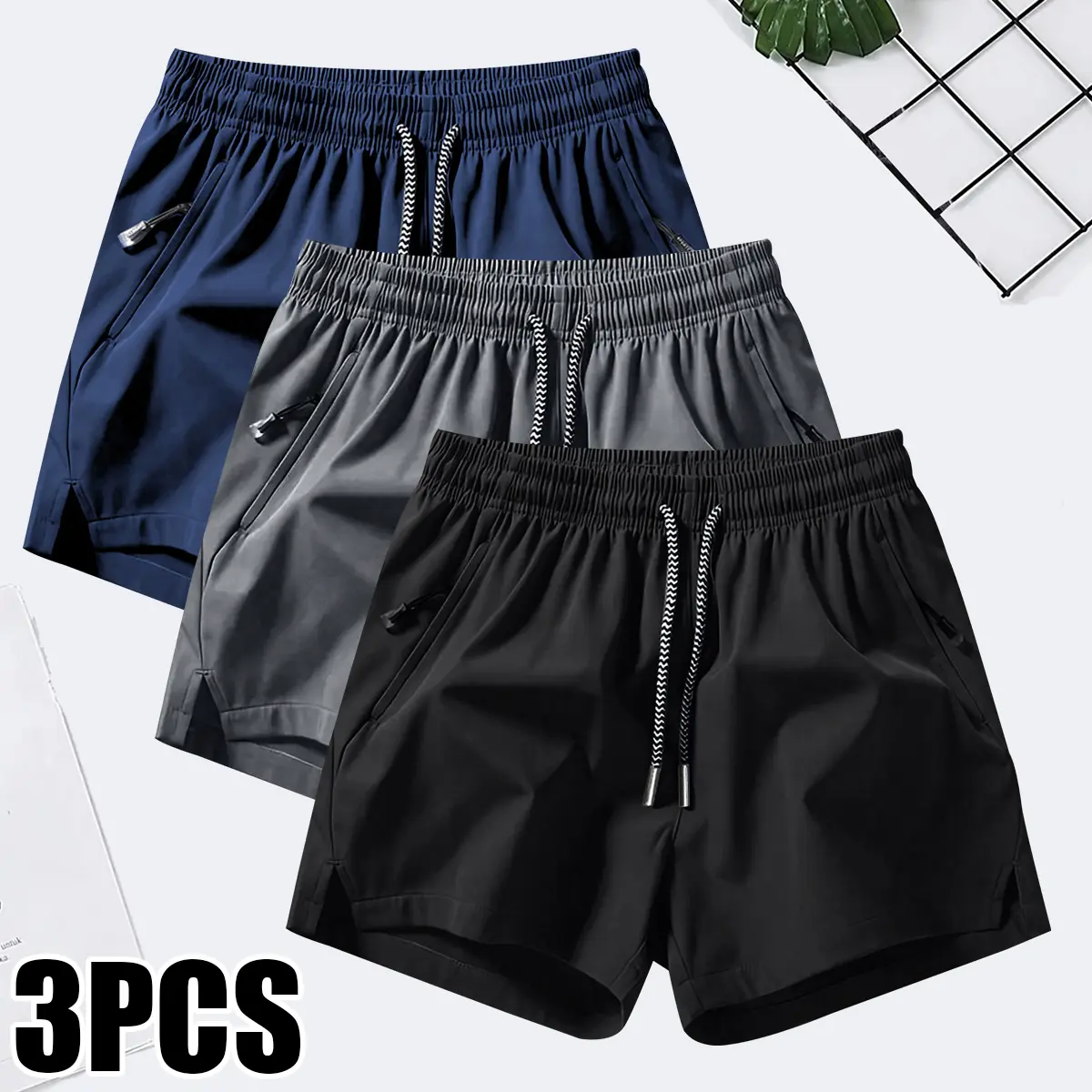 Men's Casual Shorts 3-Pack, Regular Fit Soft Stretch Polyester Loungewear with Quick-Drying Fabric and Elastic Drawstring Waist, M