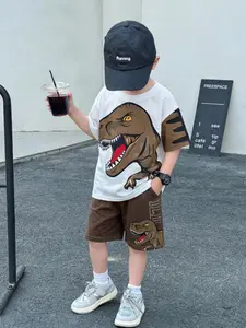 Boys Summer Dinosaur Print Set Outfit, Tyrannosaurus Rex Pattern Short Sleeve Shorts Two-Piece, Casual Fitted, All Seasons