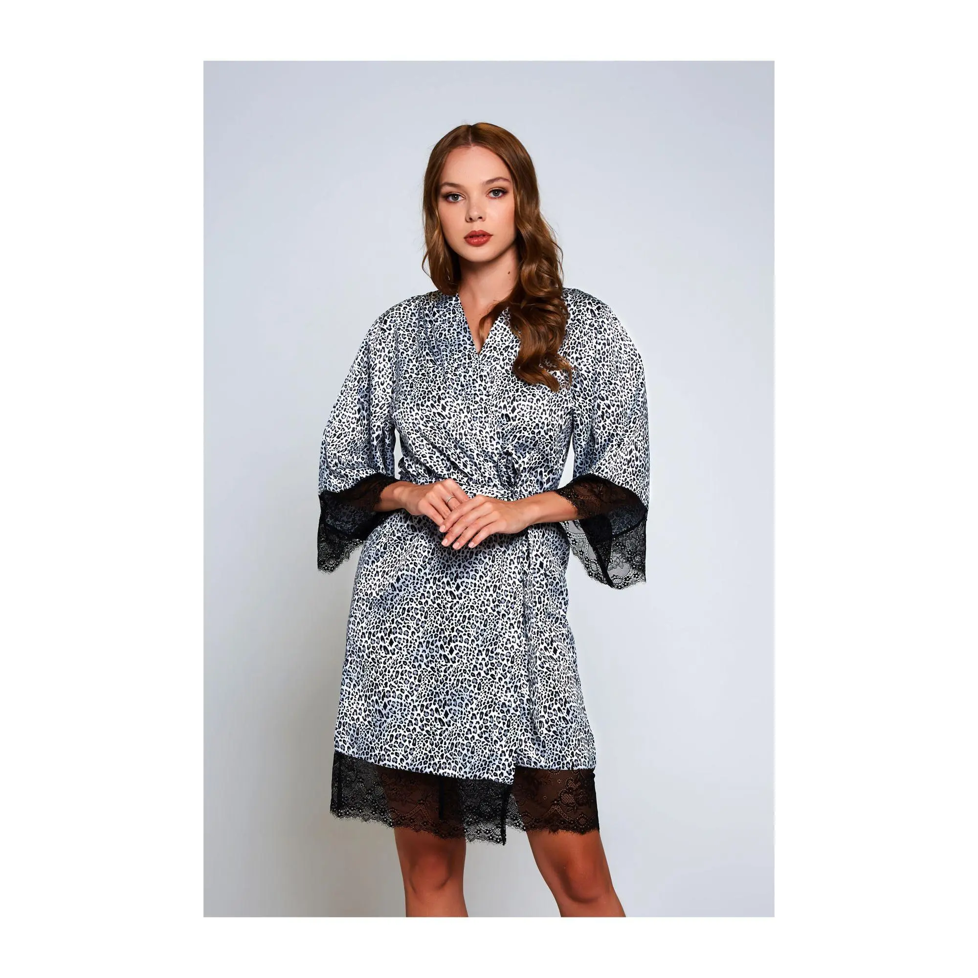 iCollection Leopard Print Satin Robe with Lacerim