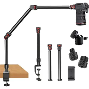 Overhead Camera Mount Desk Stand, 3-Section Flexible Detachable Articulating Arm with 1/4" 3/8" 5/8" Screw&360? Ball , C-clamp Tabletop Mount for DSLR Camera/Webcam/Microphone/Lights