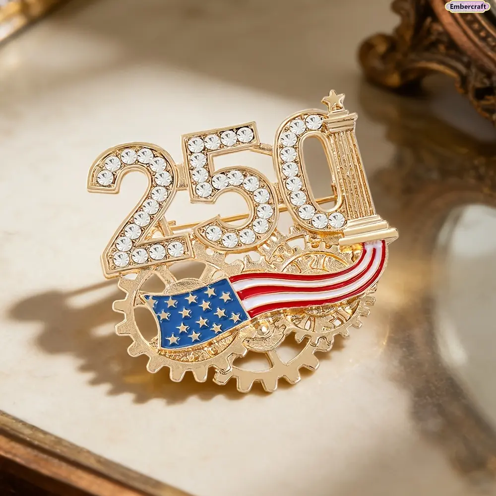 Unisex Bling Stylish Alloy Metal Brooch Pin with Crystal Accents - 250th Anniversary American Flag Lapel Clip for 4th of July, Clothes Collar Accessory, Bling Stylish Accessory, Lapel Accessory