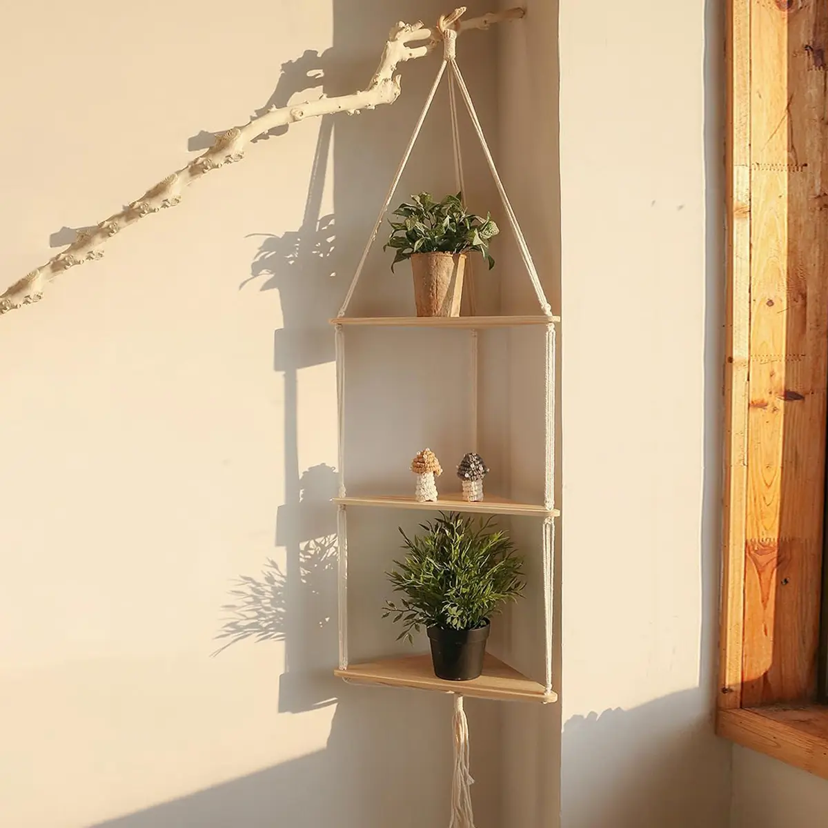Three-Tier Corner Floating Wall Shelf — White Woven Three-Tier Corner Shelf Plant Wall Decor Bohemian-Style Rustic Wooden Storage Shelf Suitable for Displaying Flower Pots in Bedrooms and Living Rooms