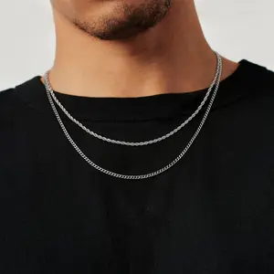 Stainless Steel Layered Chain Necklaces for Men Boys, 2Pcs Cuban Link/Rope/Herringbone Chains Jewelry Gifts, 18 "/20 ", 20 "/22 ", 22 "/24 ", 24 "/26 ", 26 "/28 " Greenish Spring