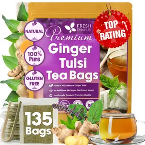 FreshDrinkUS, Premium 135 Ginger Tulsi Tea Bags, 100% Natural, Hand-made Blend of Ginger and Tulsi Holy Basil Leaves, Eco-conscious Tea Bags. Ginger Tulsi Herbal Tea. No Sugar, No Caffeine, Vegan.