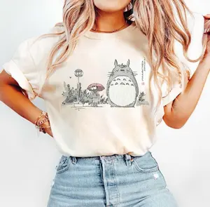 Gildan Women's Fitted Short-Sleeve Cotton Crew Neck T-Shirt, Casual Fashion Clothes - Cute Studio Ghibli My Neighbor Totoro Raining Scene Tee with Mei and Satsuki, Shortsleeve, Round Neck