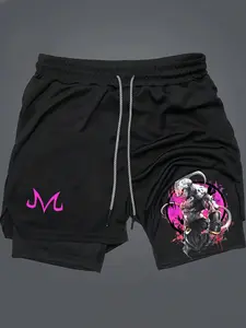 Dragon Ball Majin Buu Print 2-In-1 Drawstring Waist Shorts, Streetwear Sports Shorts, Fitness Beach Shorts, Quick-Dry Swim Trunks, Loose Fit with Pockets, Ideal for Summer & Workout, Workout Impact Shorts