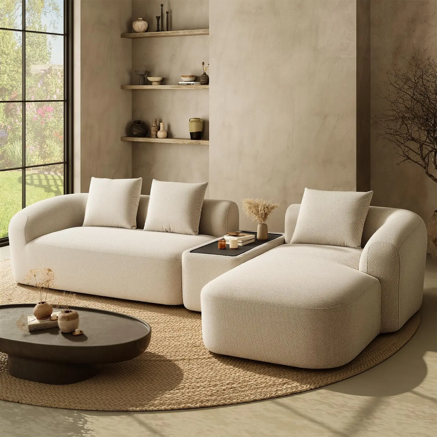 [Summer Sale] Relefree 136" Curved Chenille Fabric Cozy Sofa, Modern Compression Sectional Couch for Living Room, 4-Seater Oversized Cloud Sofa with Movable Coffee Table, Spring & High-Resilience Foam Deep Seat, Chenille Fabric Sofa