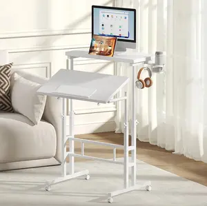 Adjustable Height Rolling Sit Stand Desk, 23.6" Mobile Split-Top Laptop Desk With Wheels & Tilting Surface, Portable Workstation For Home Office, Bedside, And Walking Pad