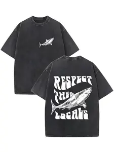 Respect The Locals Shark Print Washed Cotton T-Shirt,summerwins