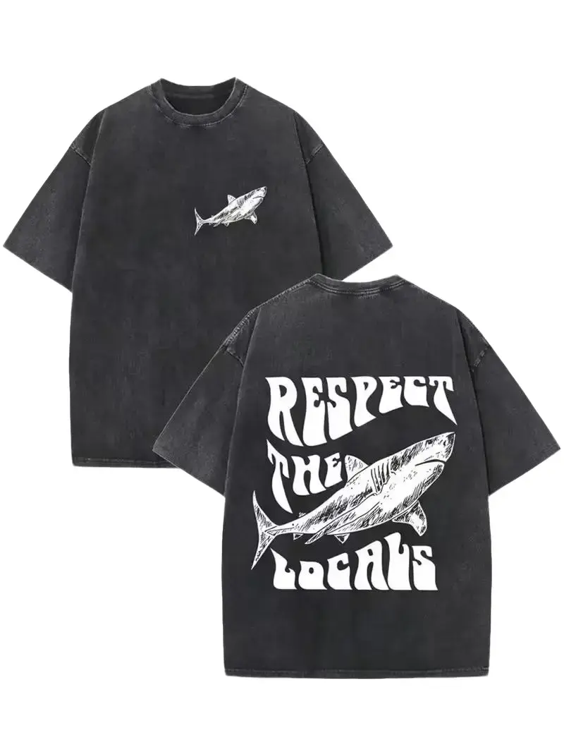 Respect The Locals Shark Print Washed Cotton T-Shirt,summerwins