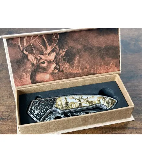 Fancy Decorative Display Boxed Deer Scene Folding Knife Collectable Gift
