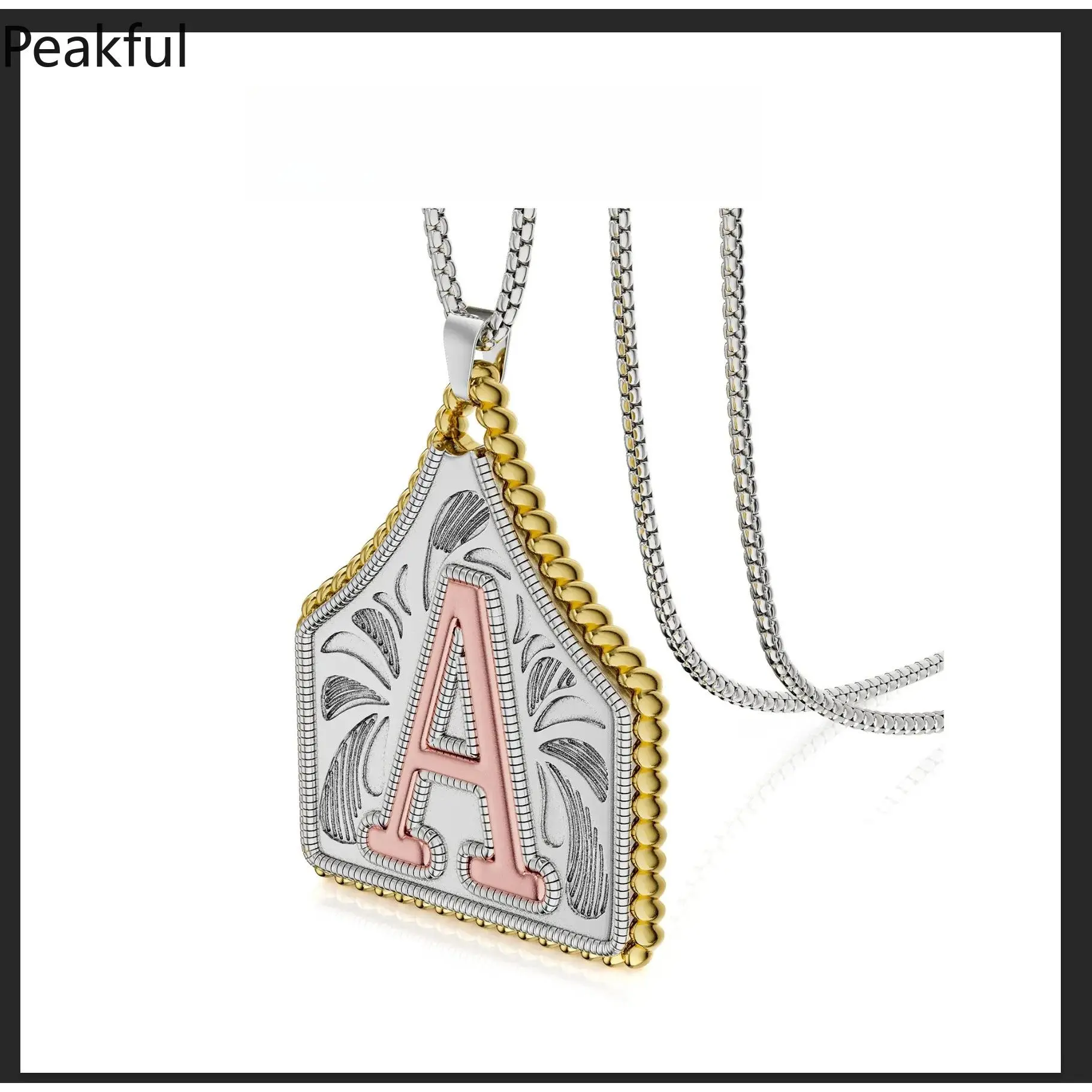 Unisex Initial Necklace, popular handmade letter charm with classic cow tag shape. Long-lasting stainless steel material and exquisite craftsmanship, trendy summer accessory, great for everyday looks, travel and Mother's Day gift giving.