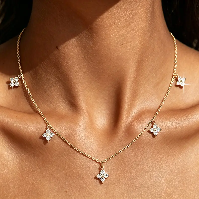 Dainty Floral Necklace for Women with Cute Flower AAAAA Cubic Zirconia Jewelry Accessories,14K Gold Plated CZ Charm Necklace for Wedding Brides Party ,Sparkling Flower Charms ,Ideal Women Gifts