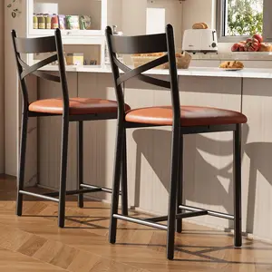 Bar Stools Set of 2, PU Upholstered Bar Chairs, Kitchen Island Chairs with X-Shaped Backrest and Metal Footrest, Black Counter Height Chairs for Dining Room, Coffee Shop