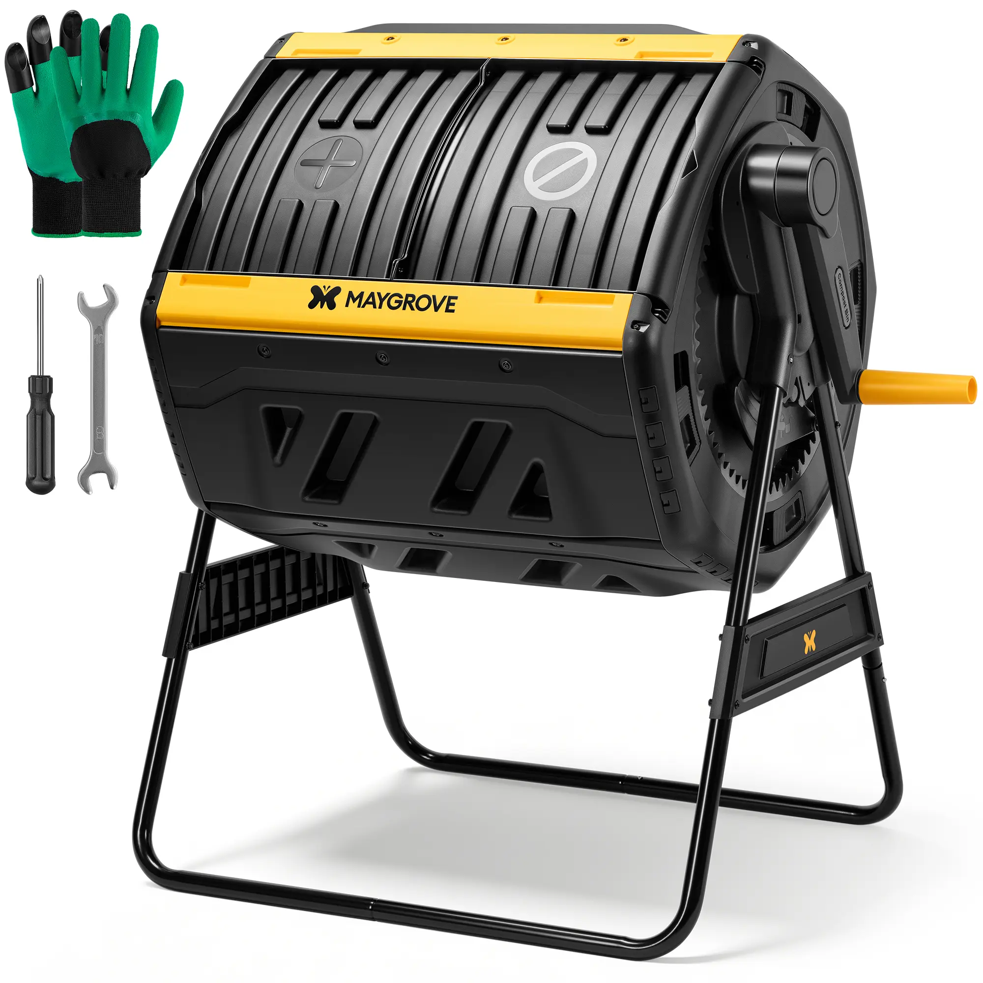 Outdoor Compost Bin 53 Gallon, Dual Chamber Large Compost Tumbler for Garden Backyard, with 360° Rotating, Sliding Doors & Solid Steel Frame, Updated Instructions