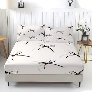 Simple black large bow print fitted sheet and pillowcase combination, Decorative bedsheet sets, gentle healing bedroom bedding, holiday birthday gift