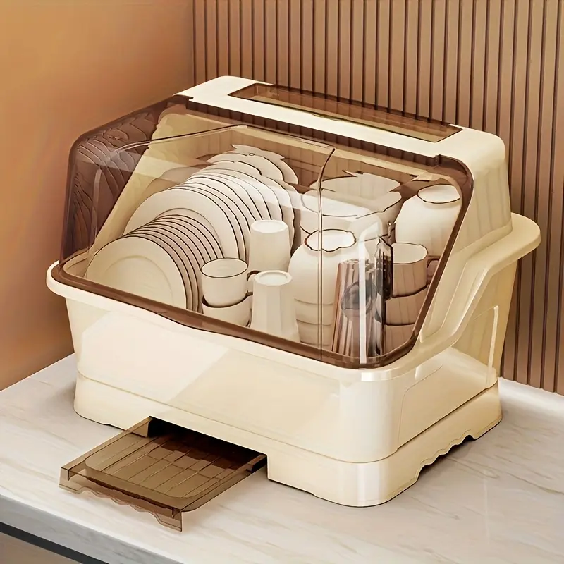 2025 Upgraded Version of The Covered Cutlery Storage Rack - a Space-Saving Countertop And Cabinet Organizer | Fresh Cream-Colored Cutlery Storage Box with Draining Tray | Dust-Proof Design for Easy Installation
